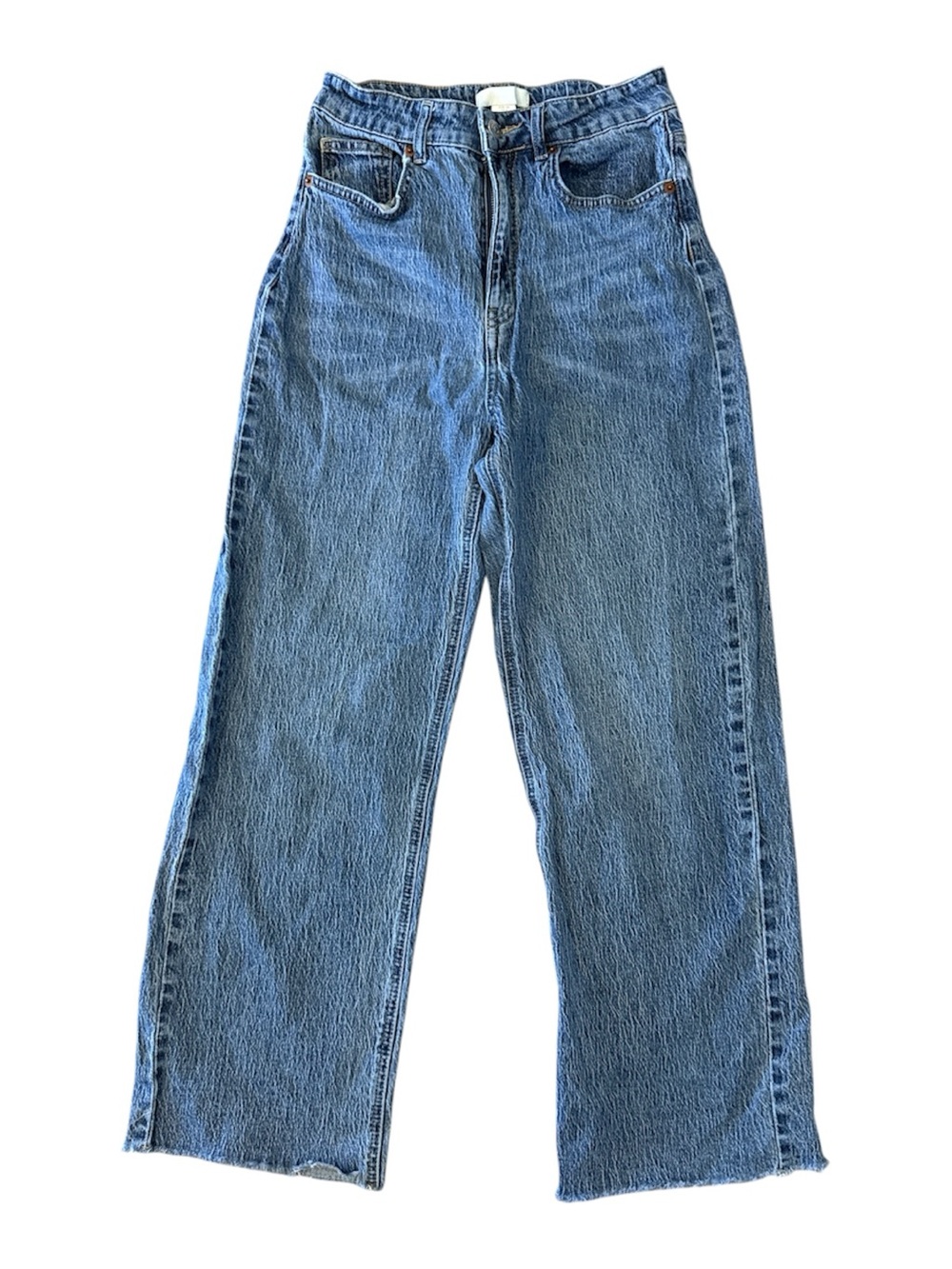 H&M High Waisted Straight Leg Jeans Size 4 Blue Raw Hem Denim